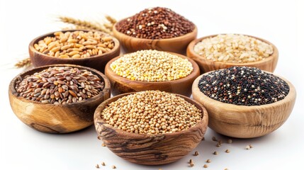 Vibrant display of whole grains, including quinoa, brown rice, and barley, celebrated for their vitamins and minerals, on an isolated background, studio light