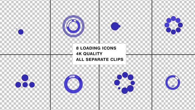 8 dynamic loading icon animation set: transparent individual clip in one pack. Animation of a loading spinning and popping up circles, Waiting for download, Buffering or preloading animation.