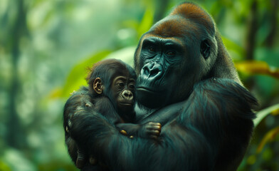 Obraz premium An adult female gorilla holding a baby in her arms