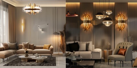 The two images show two different living rooms with different styles