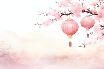 Obraz premium Chinese new year traditional painting blossom outdoors lantern.