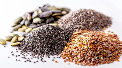 Vibrant composition of essential healthy seeds: chia, flaxseeds, pumpkin, sunflower, sesame, ideal for nutrient-rich diets, isolated background