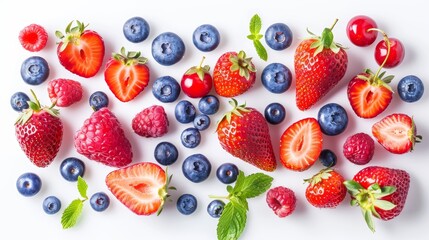 Vibrant assortment of berries top shot, showcasing rich antioxidants and fiber, featuring blueberries, strawberries, and more, isolated white backdrop
