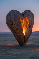 An isolated burning giant wooden heart figure in the middle of a desert during dusk 