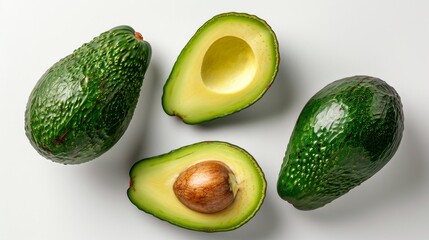 Vibrant and educational top view of avocados, ideal for nutrition guides, emphasizing their health benefits on an isolated, clean background