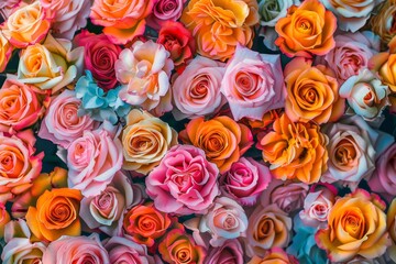 Colorful Elegance: A stunning bouquet of roses, adorned with hues of pink, orange, and yellow. A testament to nature's artistic brilliance.