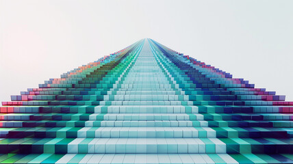 Pixelated steps form a bridge, each block perfectly aligned. The colors are retro--8-bit blues, greens, and reds. Against the white background, the bridge looks like a digital staircase