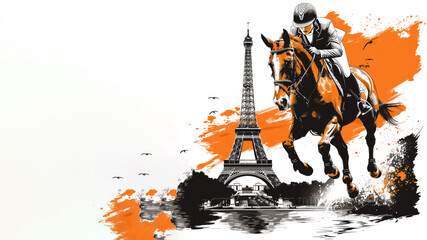 Equestrian Sport show jumping olympic games in orange illustration paint