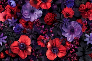 Passion in Petals: A mesmerizing pattern featuring vivid purple and red flowers. A tapestry of floral beauty and fervent energy.