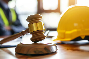A wooden gavel and sound block on a desk with a yellow safety helmet in the background, signifying legal aspects of construction and safety regulation