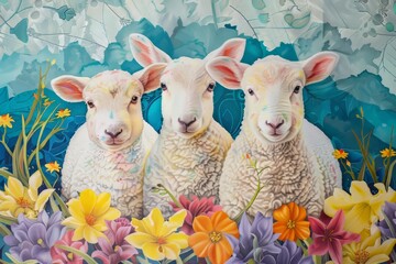 Fototapeta premium Easter art with 3 lambs. Sheep. Happy easter