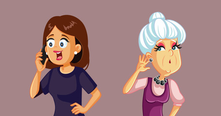 Curious Elderly Lady Overhearing a Phone Call vector Cartoon. Old woman hearing some secrets over the phone from her daughter in law
