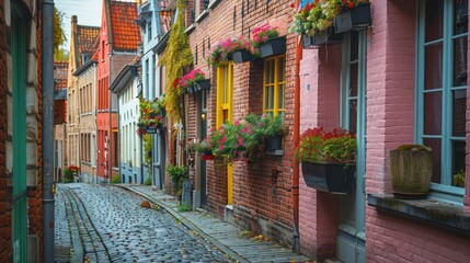 Fototapeta premium Alleyway with beautiful flower decorations in front of the house, and classic stone paving road. Bavarian style house residence.