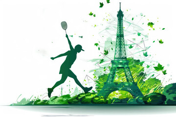 Green watercolor paint of badminton player hits shuttlecock by eiffel tower