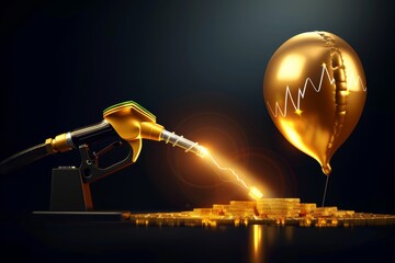 Person using a gas pump to inflate a golden balloon shaped like a stock chart, A satirical representation of the inflation of oil prices and its impact on the market - obrazy, fototapety, plakaty