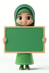 Muslim girl holding board person face toy.
