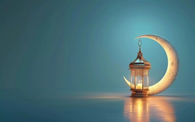 Modern 3d Islamic holiday banner, suitable for Ramadhan, Raya Hari, Eid al-Adha and Mawlid. Lighted lantern and crescent moon decoration