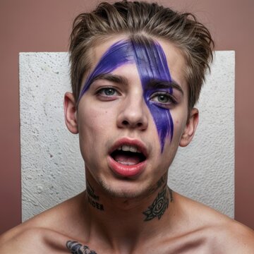 Man with purple paint on face, tattoo on neck, shirtless, exposing muscles