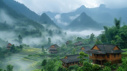 Fototapeta premium A village in the mountains is covered in fog. A flawless foggy landscape. Calm background. Generative AI