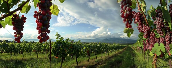 Panoramic vineyard landscape with ripe grapes - obrazy, fototapety, plakaty