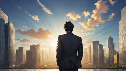 Close Up Backview Businessman Look sunny sky with modern cityspace , symbol of succes