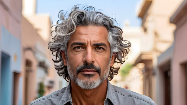 Curly Locks: Middle-aged Caucasian Man, Elegant Curls: Mature White Gentleman, Sophisticated Waves: Middle-aged White with Curly Hair, Refined Texture: Middle-aged Caucasian with Curly Hair