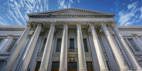 Fototapeta premium Majestic Pillared Skyscape: A remarkable tall building with an abundance of pillars, reaching for the sky and leaving an indelible mark on the cityscape.