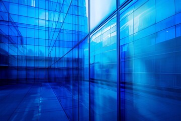 Obraz premium A blue room with a lot of windows and a reflection of the sky
