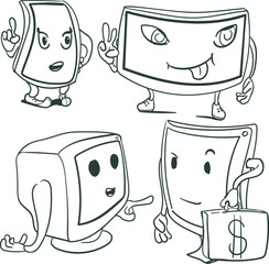 A set of stickers or characters in the form of cartoon monitors, tablets or digital screens.
