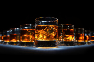 glasses with whiskey and ice cubes illuminated by fire stand in a row on the table
