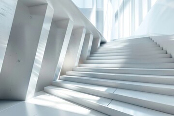 A white staircase with a white wall in the background