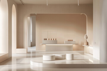 A minimalist product exhibition stage with clean lines and understated elegance, creating a sophisticated backdrop for showcasing premium merchandise and luxury brands. 