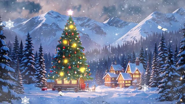 Enchanting 4K looping video featuring a Christmas tree adorned with ornaments set in a winter countryside setting at the foot of a mountain, rendered in captivating anime visuals.