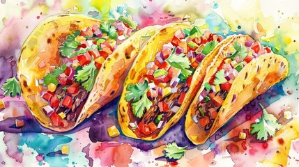 A vibrant watercolor depiction of Mexican street tacos, with bright colors accentuating fresh cilantro and spicy salsa