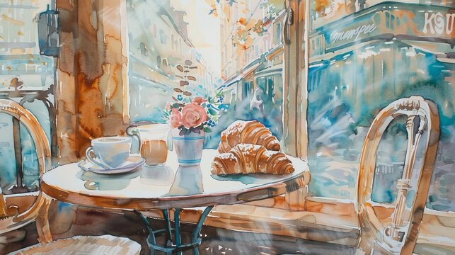 A cozy French cafe watercolor, featuring a table with croissants and coffee, soft pastel tones evoking a morning in Paris