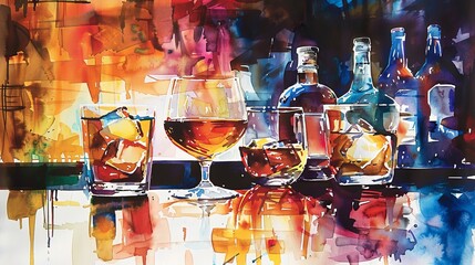 Abstract watercolor of a spirits tasting, bold strokes and deep colors evoking the distinct flavors and aromas