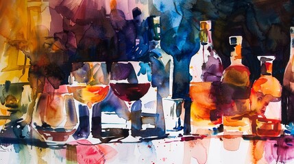Abstract watercolor of a spirits tasting, bold strokes and deep colors evoking the distinct flavors and aromas