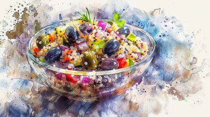 Artistic watercolor capture of a bowl of Mediterranean quinoa salad, highlighting the contrast of red onions and black olives, a feast for the eyes