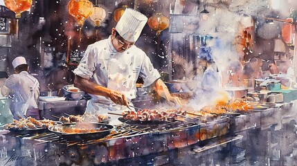 Artistic watercolor depiction of a hand pulling a slice from a deep-dish pizza, the cheese stretching warmly, inviting a bite