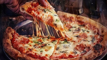 Artistic watercolor depiction of a hand pulling a slice from a deep-dish pizza, the cheese stretching warmly, inviting a bite