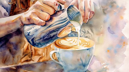 Artistic watercolor of a barista pouring milk into a large latte, the creamy swirls blending softly into the rich, dark coffee