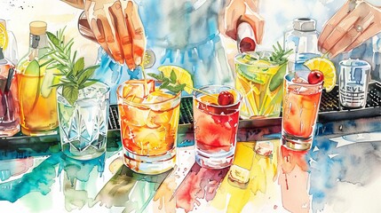 Artistic watercolor of a cocktail workshop, playful colors illustrating the art of mixing drinks and garnishing