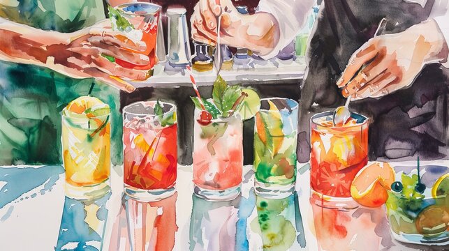 Artistic watercolor of a cocktail workshop, playful colors illustrating the art of mixing drinks and garnishing