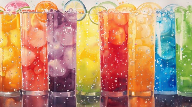 Artistic watercolor of an array of carbonated beverages, with bubbles vividly painted to enhance the fizz and flavor