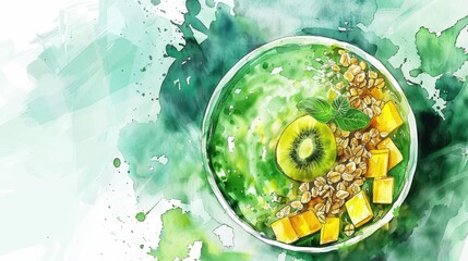 Artistic watercolor rendering of a green smoothie bowl with kiwi, mango, and granola, garnished with a few mint leaves for a fresh look