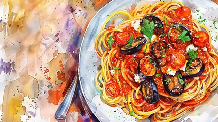 Bold and dynamic watercolor of a Sicilian style pasta alla Norma, bright tomato sauce enriched with eggplant and ricotta salata atop curly pasta