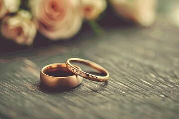 two wedding rings sitting on top of a wooden table