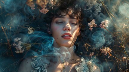 Portrait of a beautiful woman with flowers and blue smoke