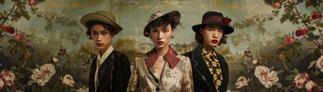 Three Asian models with vintage hats and clothes pose in front of a painted floral background.