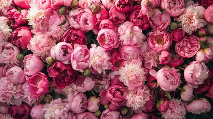 A vibrant display of various pink peonies in full bloom